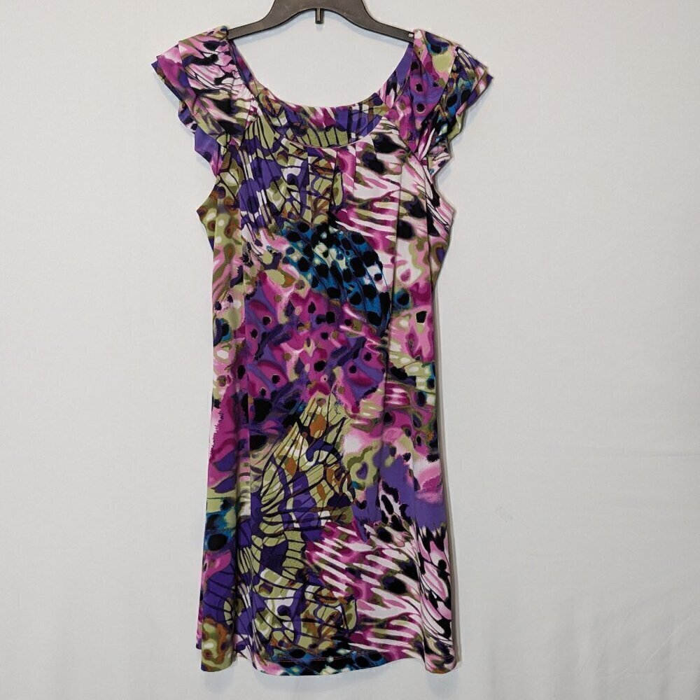 Purple, Pink, Green; Short, Stretch Knit Short Sleeve Peasant Dress; Size 6-8